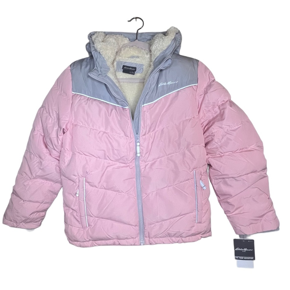 Eddie Bauer Girls Faux Fur Puffer Jacket Pink Gray Size 14 NWT